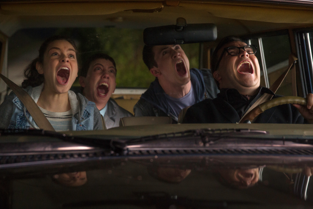 Odeya Rush, left, Ryan Lee, Dylan Minnette and Jack Black in a scene from the motion picture "Goosebumps." CREDIT: Hopper Stone, Columbia Pictures [Via MerlinFTP Drop]